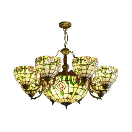 Industrial Vintage Hanging Pendant Stained Glass 8 Arms Rose Chandelier with Center Bowl for Dining Room Clearhalo 'Ceiling Lights' 'Chandeliers' 'Industrial' 'Middle Century Chandeliers' 'Tiffany Chandeliers' 'Tiffany close to ceiling' 'Tiffany' Lighting' 100880