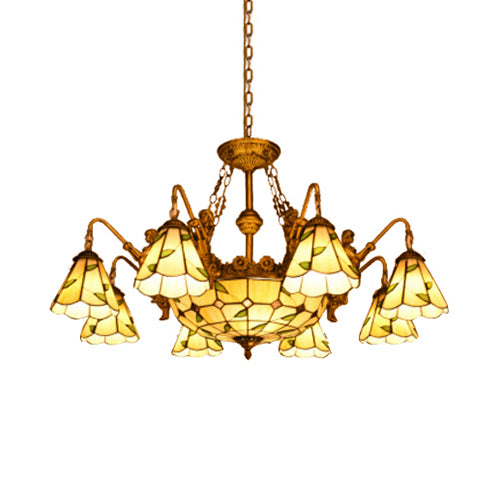 Stained Glass Cone Hanging Chandelier Tiffany 11 Lights Yellow Pendant Light Yellow Clearhalo 'Ceiling Lights' 'Chandeliers' 'Industrial' 'Middle Century Chandeliers' 'Pendant Lights' 'Tiffany Chandeliers' 'Tiffany close to ceiling' 'Tiffany' Lighting' 100883