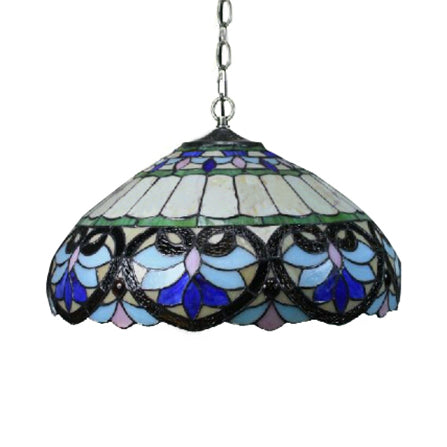 Purplish Blue Bowl Shade Pendant Light Tiffany Stained Glass 2 Lights Ceiling Fixture with Flower Pattern Clearhalo 'Ceiling Lights' 'Industrial' 'Middle Century Pendants' 'Pendant Lights' 'Pendants' 'Tiffany close to ceiling' 'Tiffany Pendants' 'Tiffany' Lighting' 100905