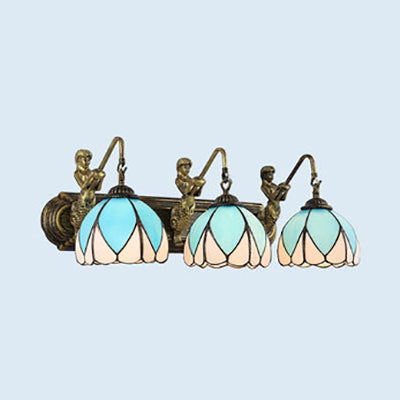 Mediterranean Dome Wall Light Fixture 3 Heads Blue Glass Sconce Lighting with Mermaid Backplate Blue Clearhalo 'Industrial' 'Middle century wall lights' 'Tiffany wall lights' 'Tiffany' 'Wall Lamps & Sconces' 'Wall Lights' Lighting' 100950