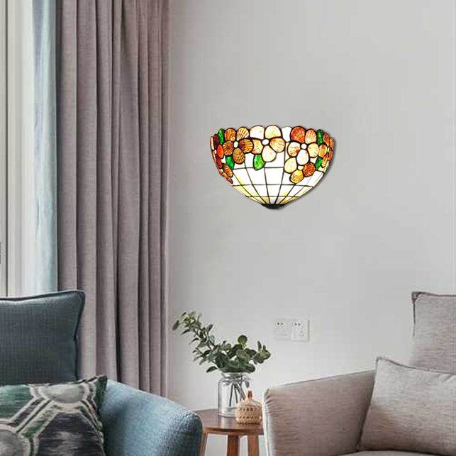 Shell Flower Wall Sconce Light with Bowl Shade Lodge Style Wall Lighting for Living Room Beige Clearhalo 'Industrial' 'Middle century wall lights' 'Tiffany wall lights' 'Tiffany' 'Wall Lamps & Sconces' 'Wall Lights' Lighting' 100968
