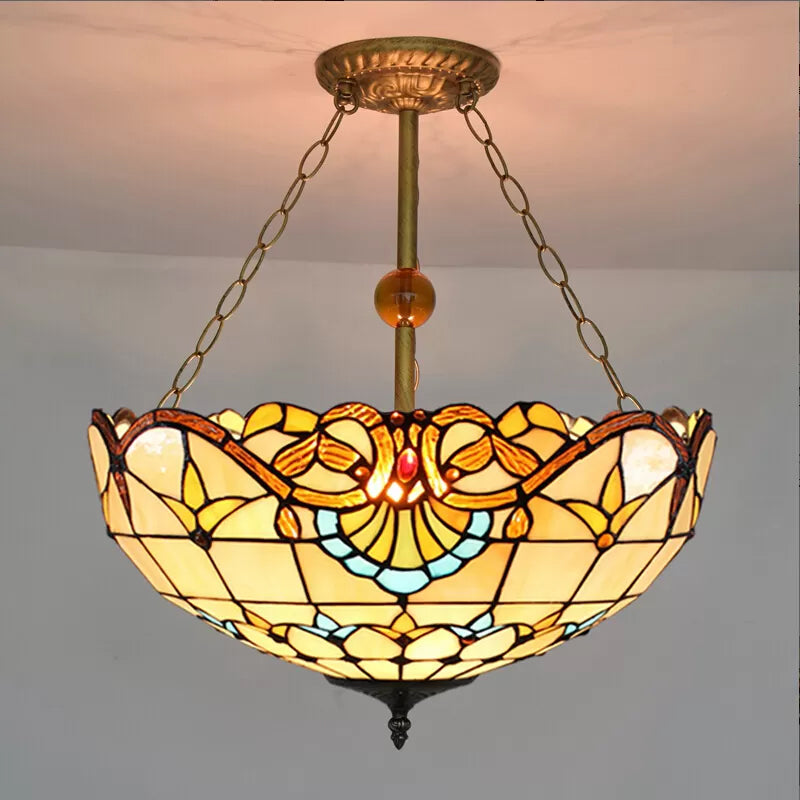 Bedroom Ceiling Lights LED, Upward Dome Semi Flush Light with Stained Glass Shade Victorian Style Beige 16" Clearhalo 'Ceiling Lights' 'Close To Ceiling Lights' 'Close to ceiling' 'Glass shade' 'Glass' 'Pendant Lights' 'Semi-flushmount' 'Tiffany close to ceiling' 'Tiffany' Lighting' 10097