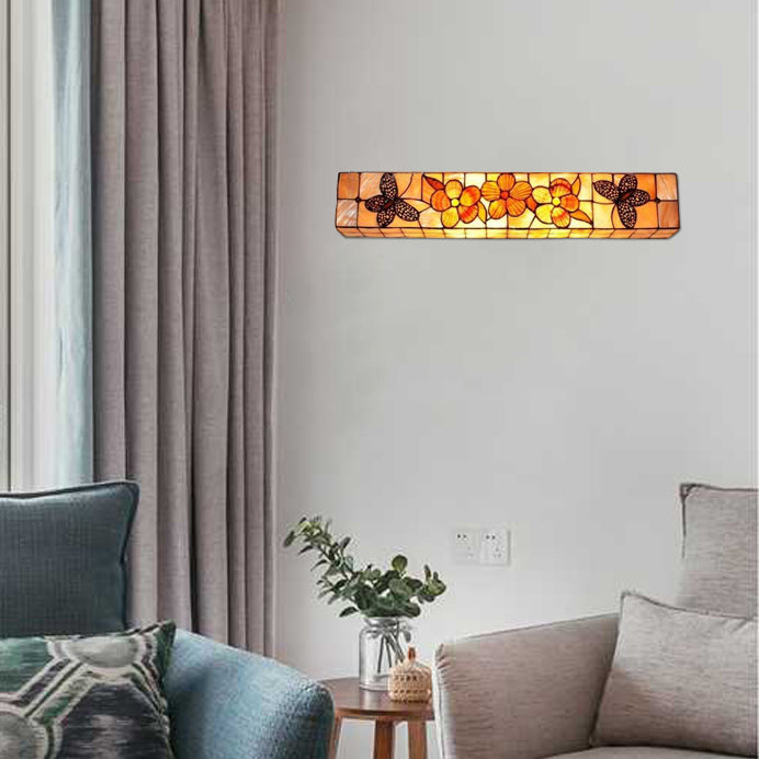 2 Lights Linear Wall Mount Light Rustic Shell Wall Lighting with Flower and Butterfly Beige Clearhalo 'Industrial' 'Middle century wall lights' 'Tiffany wall lights' 'Tiffany' 'Wall Lamps & Sconces' 'Wall Lights' Lighting' 101022