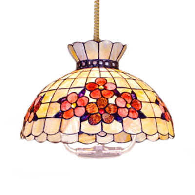 Tiffany Bowl Hanging Lamp Shell 3 Heads Ceiling Light Fixture in Pink-Yellow with Flower Pattern Clearhalo 'Ceiling Lights' 'Close To Ceiling Lights' 'Industrial' 'Middle Century Pendants' 'Pendant Lights' 'Pendants' 'Tiffany close to ceiling' 'Tiffany Pendants' 'Tiffany' Lighting' 101026