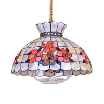 Tiffany Bowl Hanging Lamp Shell 3 Heads Ceiling Light Fixture in Pink-Yellow with Flower Pattern Clearhalo 'Ceiling Lights' 'Close To Ceiling Lights' 'Industrial' 'Middle Century Pendants' 'Pendant Lights' 'Pendants' 'Tiffany close to ceiling' 'Tiffany Pendants' 'Tiffany' Lighting' 101027