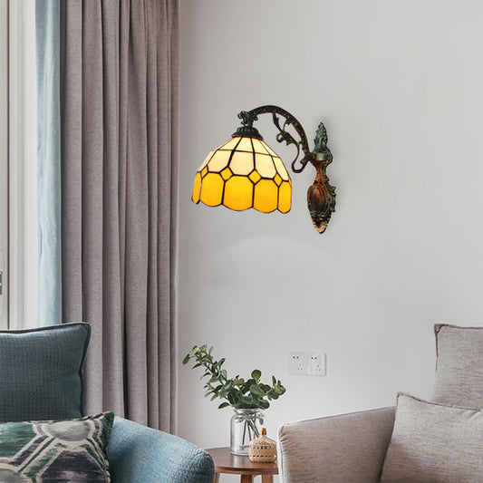 1 Light Mini Wall Mount Light with Curved Arm Yellow Glass Shade Bedroom Wall Lighting Beige Clearhalo 'Industrial' 'Middle century wall lights' 'Tiffany wall lights' 'Tiffany' 'Wall Lamps & Sconces' 'Wall Lights' Lighting' 101106