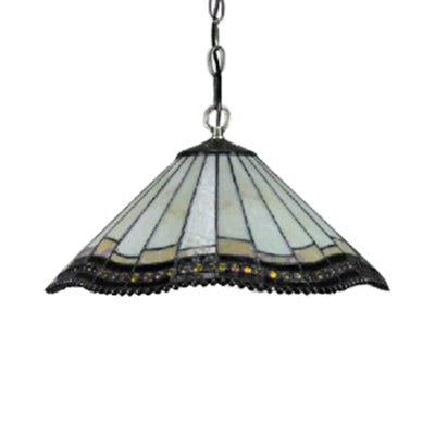 1 Bulb Tapered Down Lighting Pendant Tiffany-Style White Stained Glass Suspension Lamp Clearhalo 'Ceiling Lights' 'Chandeliers' 'Industrial' 'Middle Century Pendants' 'Pendant Lights' 'Pendants' 'Tiffany close to ceiling' 'Tiffany Pendants' 'Tiffany' Lighting' 101134