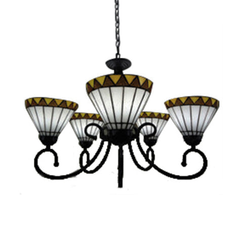 Country Cone Shade Chandelier Stained Glass 5 Lights Chandelier light in White for Living Room Clearhalo 'Ceiling Lights' 'Chandeliers' 'Industrial' 'Middle Century Chandeliers' 'Tiffany Chandeliers' 'Tiffany close to ceiling' 'Tiffany' Lighting' 101154