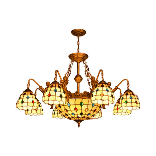 Beige Domed Chandelier Lamp Tiffany 15 Lights Stained Glass Hanging Light Beige Clearhalo 'Ceiling Lights' 'Chandeliers' 'Industrial' 'Middle Century Chandeliers' 'Tiffany Chandeliers' 'Tiffany close to ceiling' 'Tiffany' Lighting' 101171