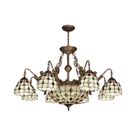 Beige Domed Chandelier Lamp Tiffany 15 Lights Stained Glass Hanging Light Clearhalo 'Ceiling Lights' 'Chandeliers' 'Industrial' 'Middle Century Chandeliers' 'Tiffany Chandeliers' 'Tiffany close to ceiling' 'Tiffany' Lighting' 101172