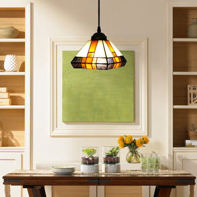 Geometric Stained Glass Ceiling Lamp Tiffany Single Light Brown Pendant Lighting Fixture for Dining Room Brown Clearhalo 'Ceiling Lights' 'Industrial' 'Middle Century Pendants' 'Pendant Lights' 'Pendants' 'Tiffany close to ceiling' 'Tiffany Pendants' 'Tiffany' Lighting' 101192