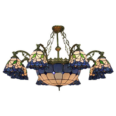 9 Lights Flared Suspension Light Vintage Stained Glass Chandelier Lamp with Center Bowl Shade in Blue Blue Clearhalo 'Ceiling Lights' 'Chandeliers' 'Industrial' 'Middle Century Chandeliers' 'Tiffany Chandeliers' 'Tiffany close to ceiling' 'Tiffany' Lighting' 101248