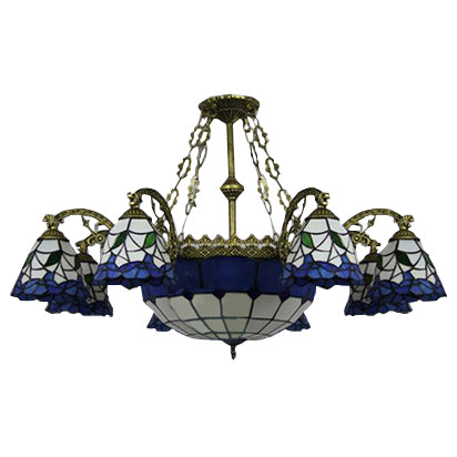 9 Lights Flared Suspension Light Vintage Stained Glass Chandelier Lamp with Center Bowl Shade in Blue Clearhalo 'Ceiling Lights' 'Chandeliers' 'Industrial' 'Middle Century Chandeliers' 'Tiffany Chandeliers' 'Tiffany close to ceiling' 'Tiffany' Lighting' 101249