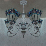 Pyramid Chandelier Lights Tiffany Stained Glass 5 Lights Hanging Ceiling Fixture in Blue and White Clearhalo 'Ceiling Lights' 'Chandeliers' 'Industrial' 'Middle Century Chandeliers' 'Tiffany Chandeliers' 'Tiffany close to ceiling' 'Tiffany' Lighting' 101251