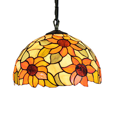 12"/16" Wide Domed Hanging Lamp Tiffany-Style 1 Bulb Black Hand Cut Glass Pendant Ceiling Light with Sunflower Pattern, A/B/C/D Clearhalo 'Ceiling Lights' 'Chandeliers' 'Glass shade' 'Glass' 'Industrial' 'Middle Century Pendants' 'Pendant Lights' 'Pendants' 'Tiffany close to ceiling' 'Tiffany Pendants' 'Tiffany' Lighting' 10126