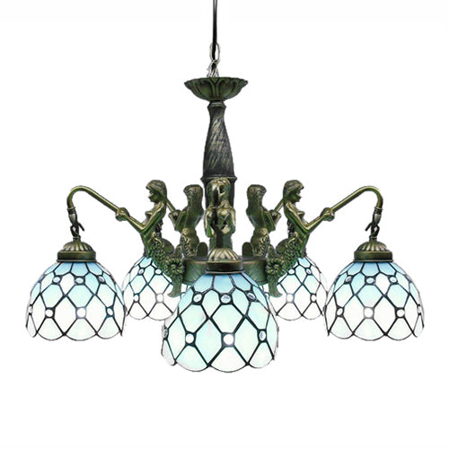 5 Lights Dome Hanging Chandelier Tiffany Blue Cut Glass Pendant Light Fixture with Mermaid Deco Blue Clearhalo 'Ceiling Lights' 'Chandeliers' 'Industrial' 'Middle Century Chandeliers' 'Pendant Lights' 'Tiffany Chandeliers' 'Tiffany close to ceiling' 'Tiffany' Lighting' 101263