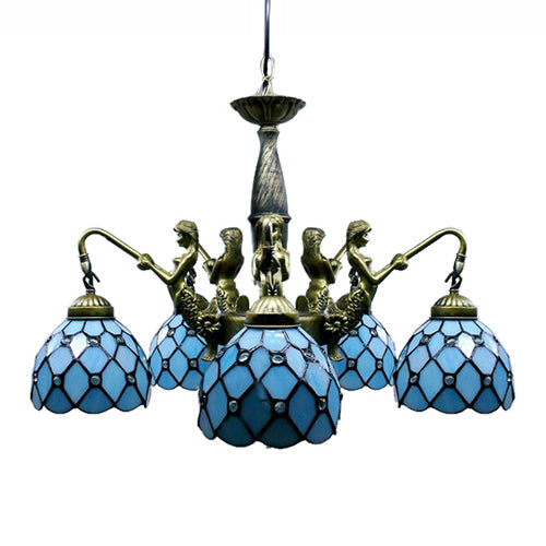 5 Lights Dome Hanging Chandelier Tiffany Blue Cut Glass Pendant Light Fixture with Mermaid Deco Clearhalo 'Ceiling Lights' 'Chandeliers' 'Industrial' 'Middle Century Chandeliers' 'Pendant Lights' 'Tiffany Chandeliers' 'Tiffany close to ceiling' 'Tiffany' Lighting' 101264