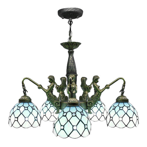 5 Lights Dome Hanging Chandelier Tiffany Blue Cut Glass Pendant Light Fixture with Mermaid Deco Clearhalo 'Ceiling Lights' 'Chandeliers' 'Industrial' 'Middle Century Chandeliers' 'Pendant Lights' 'Tiffany Chandeliers' 'Tiffany close to ceiling' 'Tiffany' Lighting' 101265