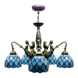 5 Lights Dome Hanging Chandelier Tiffany Blue Cut Glass Pendant Light Fixture with Mermaid Deco Clearhalo 'Ceiling Lights' 'Chandeliers' 'Industrial' 'Middle Century Chandeliers' 'Pendant Lights' 'Tiffany Chandeliers' 'Tiffany close to ceiling' 'Tiffany' Lighting' 101266