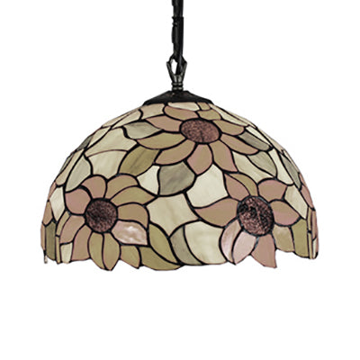 12"/16" Wide Domed Hanging Lamp Tiffany-Style 1 Bulb Black Hand Cut Glass Pendant Ceiling Light with Sunflower Pattern, A/B/C/D Clearhalo 'Ceiling Lights' 'Chandeliers' 'Glass shade' 'Glass' 'Industrial' 'Middle Century Pendants' 'Pendant Lights' 'Pendants' 'Tiffany close to ceiling' 'Tiffany Pendants' 'Tiffany' Lighting' 10127