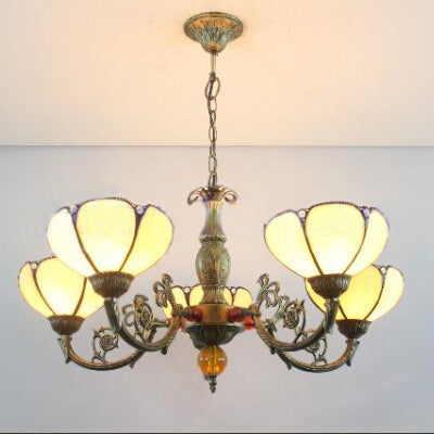 5 Lights Bowl Chandelier Light Fixture Country Stained Glass Pendant Chandelier for Living Room Beige Clearhalo 'Ceiling Lights' 'Chandeliers' 'Industrial' 'Middle Century Chandeliers' 'Tiffany Chandeliers' 'Tiffany close to ceiling' 'Tiffany' Lighting' 101272