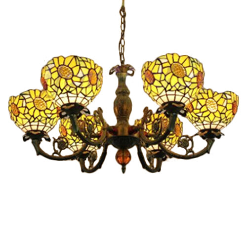 6 Lights Sunflower Hanging Light Tiffany Style Stained Glass Chandelier Lighting for Bedroom Beige Clearhalo 'Ceiling Lights' 'Chandeliers' 'Industrial' 'Middle Century Chandeliers' 'Pendant Lights' 'Tiffany Chandeliers' 'Tiffany close to ceiling' 'Tiffany' Lighting' 101274