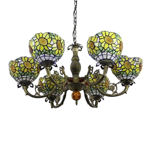 6 Lights Sunflower Hanging Light Tiffany Style Stained Glass Chandelier Lighting for Bedroom Clearhalo 'Ceiling Lights' 'Chandeliers' 'Industrial' 'Middle Century Chandeliers' 'Pendant Lights' 'Tiffany Chandeliers' 'Tiffany close to ceiling' 'Tiffany' Lighting' 101275