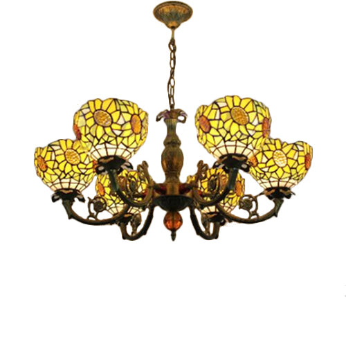 6 Lights Sunflower Hanging Light Tiffany Style Stained Glass Chandelier Lighting for Bedroom Clearhalo 'Ceiling Lights' 'Chandeliers' 'Industrial' 'Middle Century Chandeliers' 'Pendant Lights' 'Tiffany Chandeliers' 'Tiffany close to ceiling' 'Tiffany' Lighting' 101276