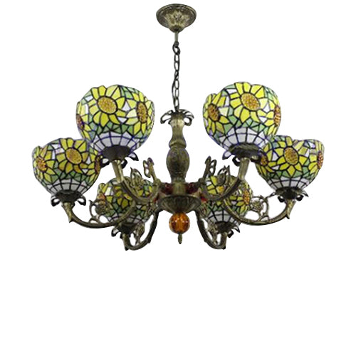 6 Lights Sunflower Hanging Light Tiffany Style Stained Glass Chandelier Lighting for Bedroom Clearhalo 'Ceiling Lights' 'Chandeliers' 'Industrial' 'Middle Century Chandeliers' 'Pendant Lights' 'Tiffany Chandeliers' 'Tiffany close to ceiling' 'Tiffany' Lighting' 101277
