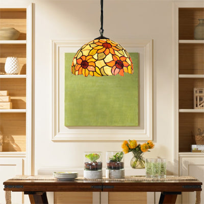 12"/16" Wide Domed Hanging Lamp Tiffany-Style 1 Bulb Black Hand Cut Glass Pendant Ceiling Light with Sunflower Pattern, A/B/C/D Black 12" Sunflower Clearhalo 'Ceiling Lights' 'Chandeliers' 'Glass shade' 'Glass' 'Industrial' 'Middle Century Pendants' 'Pendant Lights' 'Pendants' 'Tiffany close to ceiling' 'Tiffany Pendants' 'Tiffany' Lighting' 10128