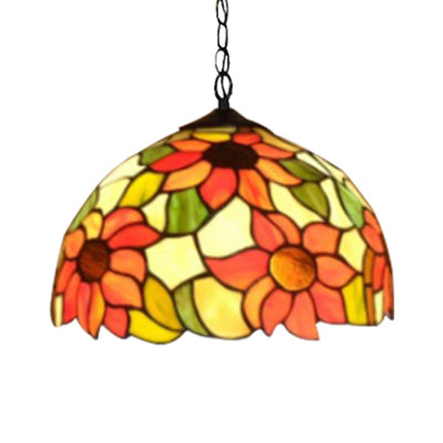 12"/16" Wide Domed Hanging Lamp Tiffany-Style 1 Bulb Black Hand Cut Glass Pendant Ceiling Light with Sunflower Pattern, A/B/C/D Clearhalo 'Ceiling Lights' 'Chandeliers' 'Glass shade' 'Glass' 'Industrial' 'Middle Century Pendants' 'Pendant Lights' 'Pendants' 'Tiffany close to ceiling' 'Tiffany Pendants' 'Tiffany' Lighting' 10129