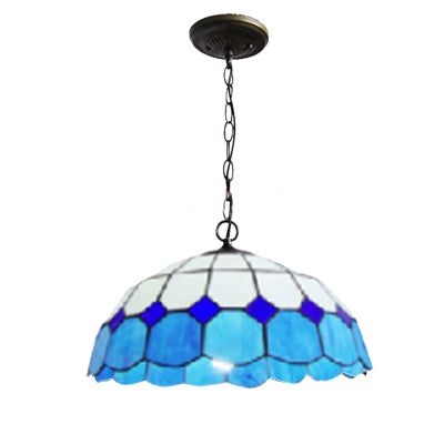 Stained Glass Blue Pendant Lamp Bowl 2 Bulbs Mediterranean Hanging Light Kit for Dining Room Clearhalo 'Ceiling Lights' 'Industrial' 'Middle Century Pendants' 'Pendant Lights' 'Pendants' 'Tiffany close to ceiling' 'Tiffany Pendants' 'Tiffany' Lighting' 101294