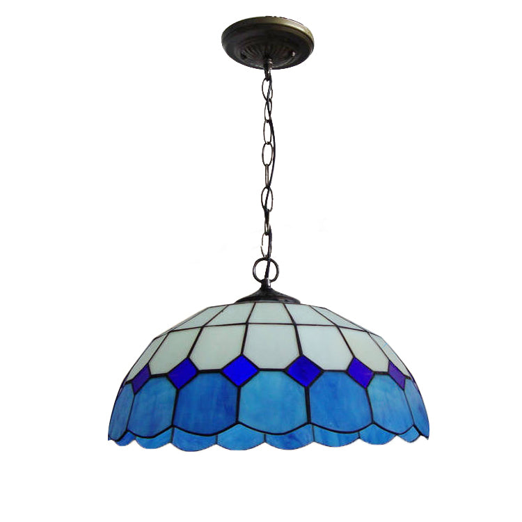 Stained Glass Blue Pendant Lamp Bowl 2 Bulbs Mediterranean Hanging Light Kit for Dining Room Clearhalo 'Ceiling Lights' 'Industrial' 'Middle Century Pendants' 'Pendant Lights' 'Pendants' 'Tiffany close to ceiling' 'Tiffany Pendants' 'Tiffany' Lighting' 101295