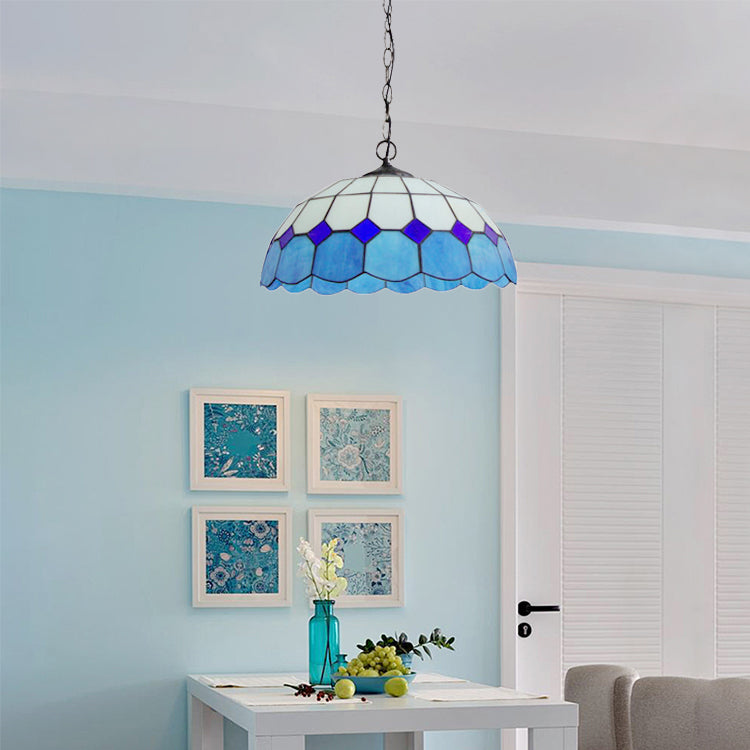 Stained Glass Blue Pendant Lamp Bowl 2 Bulbs Mediterranean Hanging Light Kit for Dining Room Blue Clearhalo 'Ceiling Lights' 'Industrial' 'Middle Century Pendants' 'Pendant Lights' 'Pendants' 'Tiffany close to ceiling' 'Tiffany Pendants' 'Tiffany' Lighting' 101296