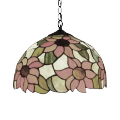 12"/16" Wide Domed Hanging Lamp Tiffany-Style 1 Bulb Black Hand Cut Glass Pendant Ceiling Light with Sunflower Pattern, A/B/C/D Clearhalo 'Ceiling Lights' 'Chandeliers' 'Glass shade' 'Glass' 'Industrial' 'Middle Century Pendants' 'Pendant Lights' 'Pendants' 'Tiffany close to ceiling' 'Tiffany Pendants' 'Tiffany' Lighting' 10130