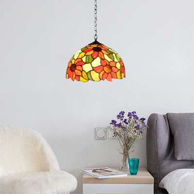 12"/16" Wide Domed Hanging Lamp Tiffany-Style 1 Bulb Black Hand Cut Glass Pendant Ceiling Light with Sunflower Pattern, A/B/C/D Black 16" Sunflower Clearhalo 'Ceiling Lights' 'Chandeliers' 'Glass shade' 'Glass' 'Industrial' 'Middle Century Pendants' 'Pendant Lights' 'Pendants' 'Tiffany close to ceiling' 'Tiffany Pendants' 'Tiffany' Lighting' 10131