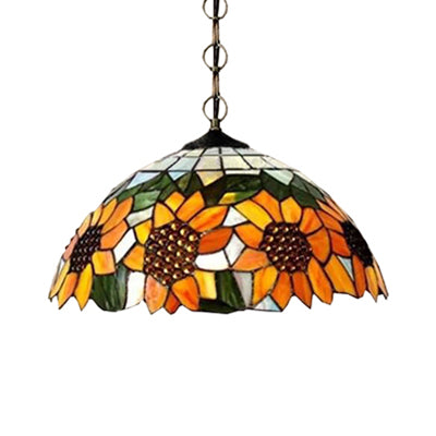 12"/16" Wide Domed Hanging Lamp Tiffany-Style 1 Bulb Black Hand Cut Glass Pendant Ceiling Light with Sunflower Pattern, A/B/C/D Clearhalo 'Ceiling Lights' 'Chandeliers' 'Glass shade' 'Glass' 'Industrial' 'Middle Century Pendants' 'Pendant Lights' 'Pendants' 'Tiffany close to ceiling' 'Tiffany Pendants' 'Tiffany' Lighting' 10132