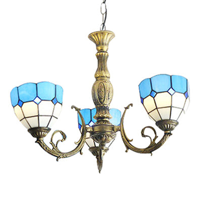 Blue Bowl Shade Chandelier Lights Tiffany Stained Glass 3-Light Chandelier Light Fixture in Blue Clearhalo 'Ceiling Lights' 'Chandeliers' 'Industrial' 'Middle Century Chandeliers' 'Pendant Lights' 'Tiffany Chandeliers' 'Tiffany close to ceiling' 'Tiffany' Lighting' 101325
