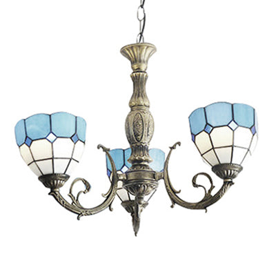 Blue Bowl Shade Chandelier Lights Tiffany Stained Glass 3-Light Chandelier Light Fixture in Blue Clearhalo 'Ceiling Lights' 'Chandeliers' 'Industrial' 'Middle Century Chandeliers' 'Pendant Lights' 'Tiffany Chandeliers' 'Tiffany close to ceiling' 'Tiffany' Lighting' 101326