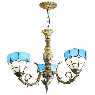 Blue Bowl Shade Chandelier Lights Tiffany Stained Glass 3-Light Chandelier Light Fixture in Blue Clearhalo 'Ceiling Lights' 'Chandeliers' 'Industrial' 'Middle Century Chandeliers' 'Pendant Lights' 'Tiffany Chandeliers' 'Tiffany close to ceiling' 'Tiffany' Lighting' 101327