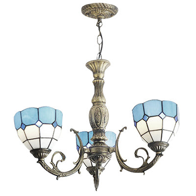 Blue Bowl Shade Chandelier Lights Tiffany Stained Glass 3-Light Chandelier Light Fixture in Blue Clearhalo 'Ceiling Lights' 'Chandeliers' 'Industrial' 'Middle Century Chandeliers' 'Pendant Lights' 'Tiffany Chandeliers' 'Tiffany close to ceiling' 'Tiffany' Lighting' 101328