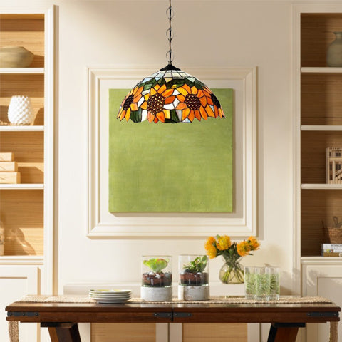 12"/16" Wide Domed Hanging Lamp Tiffany-Style 1 Bulb Black Hand Cut Glass Pendant Ceiling Light with Sunflower Pattern, A/B/C/D Clearhalo 'Ceiling Lights' 'Chandeliers' 'Glass shade' 'Glass' 'Industrial' 'Middle Century Pendants' 'Pendant Lights' 'Pendants' 'Tiffany close to ceiling' 'Tiffany Pendants' 'Tiffany' Lighting' 10133