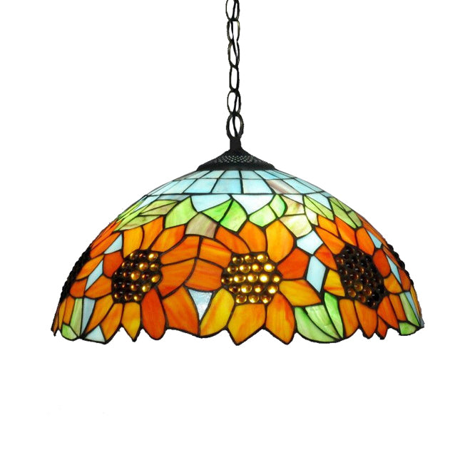 12"/16" Wide Domed Hanging Lamp Tiffany-Style 1 Bulb Black Hand Cut Glass Pendant Ceiling Light with Sunflower Pattern, A/B/C/D Clearhalo 'Ceiling Lights' 'Chandeliers' 'Glass shade' 'Glass' 'Industrial' 'Middle Century Pendants' 'Pendant Lights' 'Pendants' 'Tiffany close to ceiling' 'Tiffany Pendants' 'Tiffany' Lighting' 10134