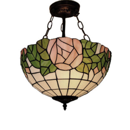 Bowl Pendant Lighting 3 Lights Stainless Glass Tiffany Stylish Pink and Green Suspension Lamp with Rose Pattern