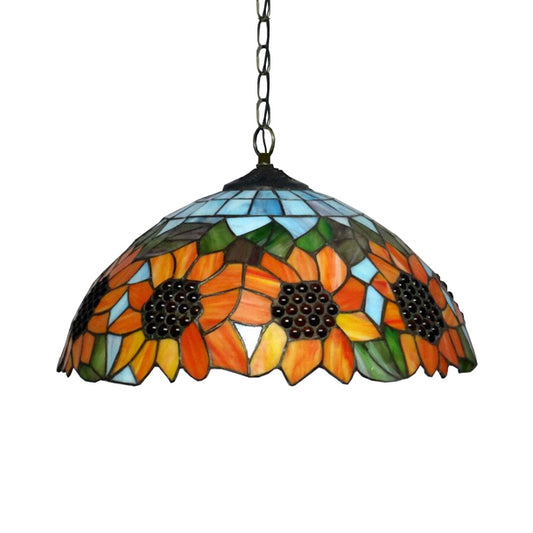12"/16" Wide Domed Hanging Lamp Tiffany-Style 1 Bulb Black Hand Cut Glass Pendant Ceiling Light with Sunflower Pattern, A/B/C/D Clearhalo 'Ceiling Lights' 'Chandeliers' 'Glass shade' 'Glass' 'Industrial' 'Middle Century Pendants' 'Pendant Lights' 'Pendants' 'Tiffany close to ceiling' 'Tiffany Pendants' 'Tiffany' Lighting' 10135