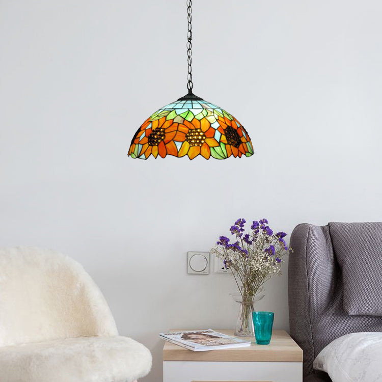 12"/16" Wide Domed Hanging Lamp Tiffany-Style 1 Bulb Black Hand Cut Glass Pendant Ceiling Light with Sunflower Pattern, A/B/C/D Black Clearhalo 'Ceiling Lights' 'Chandeliers' 'Glass shade' 'Glass' 'Industrial' 'Middle Century Pendants' 'Pendant Lights' 'Pendants' 'Tiffany close to ceiling' 'Tiffany Pendants' 'Tiffany' Lighting' 10136