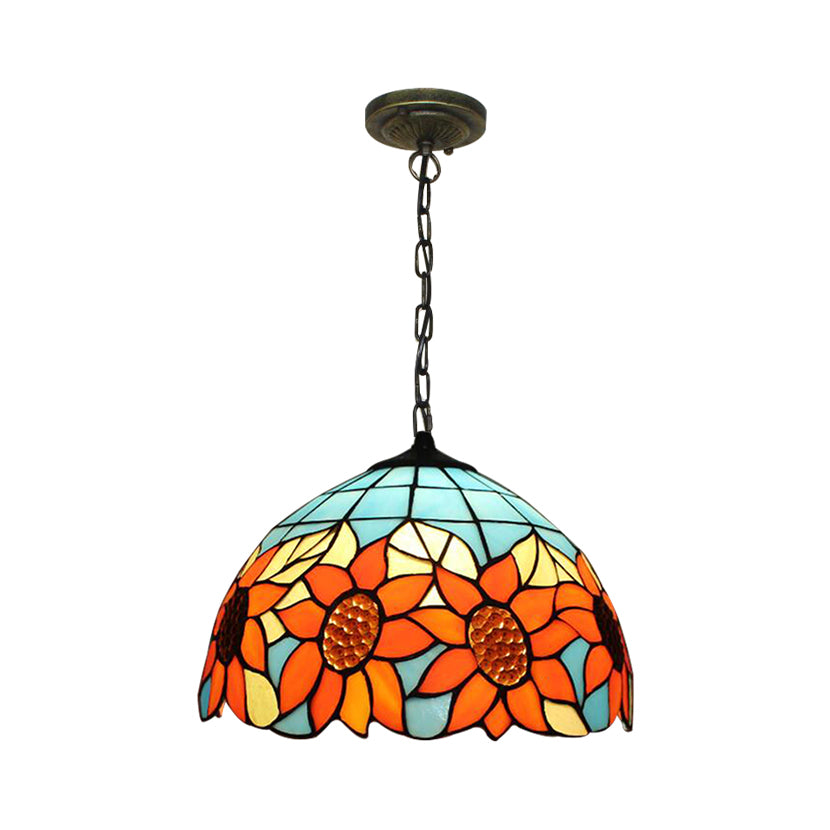 12"/16" Wide Domed Hanging Lamp Tiffany-Style 1 Bulb Black Hand Cut Glass Pendant Ceiling Light with Sunflower Pattern, A/B/C/D Clearhalo 'Ceiling Lights' 'Chandeliers' 'Glass shade' 'Glass' 'Industrial' 'Middle Century Pendants' 'Pendant Lights' 'Pendants' 'Tiffany close to ceiling' 'Tiffany Pendants' 'Tiffany' Lighting' 10137