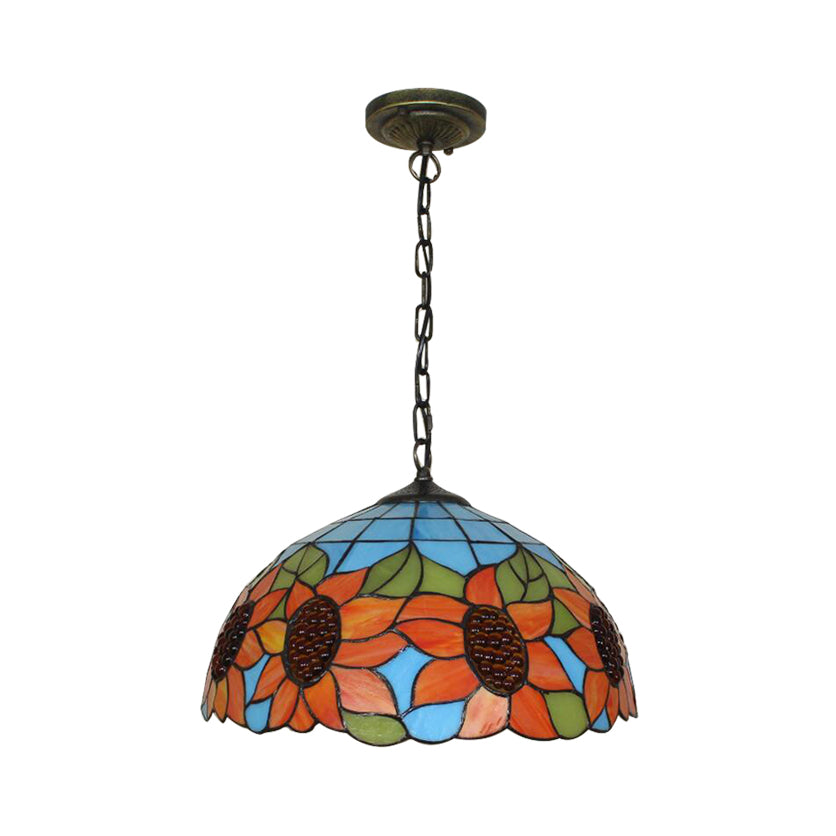 12"/16" Wide Domed Hanging Lamp Tiffany-Style 1 Bulb Black Hand Cut Glass Pendant Ceiling Light with Sunflower Pattern, A/B/C/D Clearhalo 'Ceiling Lights' 'Chandeliers' 'Glass shade' 'Glass' 'Industrial' 'Middle Century Pendants' 'Pendant Lights' 'Pendants' 'Tiffany close to ceiling' 'Tiffany Pendants' 'Tiffany' Lighting' 10138