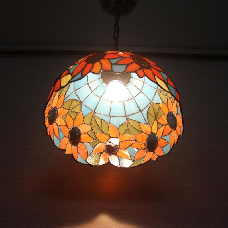 12"/16" Wide Domed Hanging Lamp Tiffany-Style 1 Bulb Black Hand Cut Glass Pendant Ceiling Light with Sunflower Pattern, A/B/C/D Clearhalo 'Ceiling Lights' 'Chandeliers' 'Glass shade' 'Glass' 'Industrial' 'Middle Century Pendants' 'Pendant Lights' 'Pendants' 'Tiffany close to ceiling' 'Tiffany Pendants' 'Tiffany' Lighting' 10139
