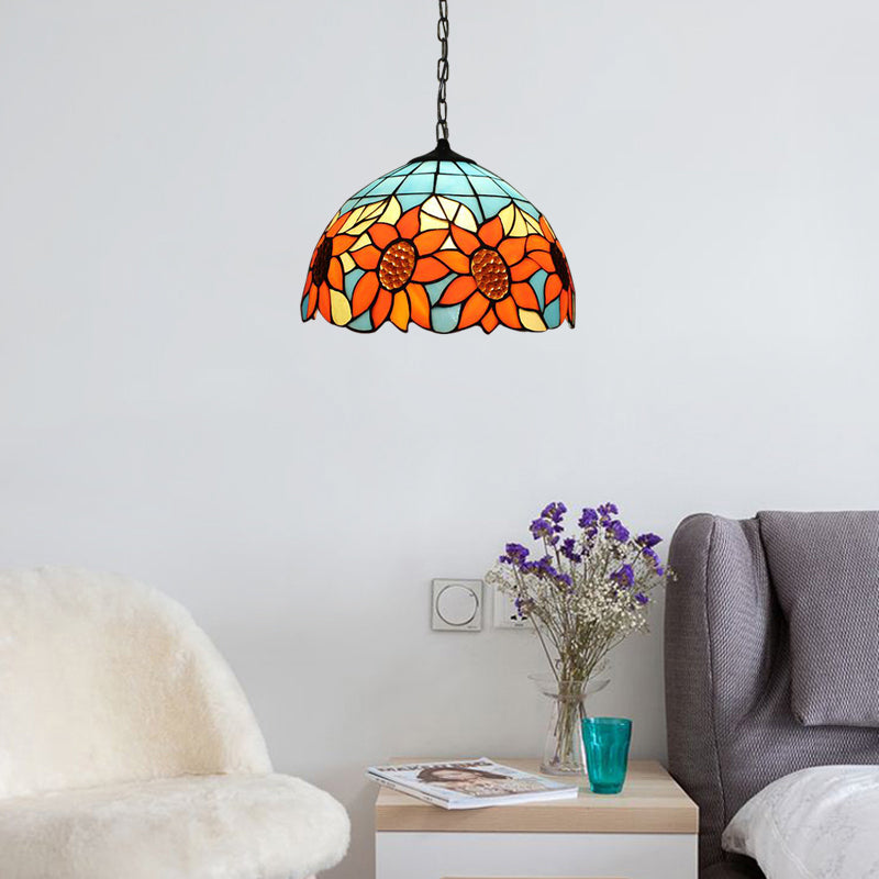 12"/16" Wide Domed Hanging Lamp Tiffany-Style 1 Bulb Black Hand Cut Glass Pendant Ceiling Light with Sunflower Pattern, A/B/C/D Black Sunflower D Clearhalo 'Ceiling Lights' 'Chandeliers' 'Glass shade' 'Glass' 'Industrial' 'Middle Century Pendants' 'Pendant Lights' 'Pendants' 'Tiffany close to ceiling' 'Tiffany Pendants' 'Tiffany' Lighting' 10140